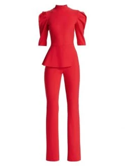 Chiara Boni La Petite Robe Mixed-Media Puff-Sleeve Jumpsuit Geranium -CHIARA BONI LA PETITE ROBE Sales unnamed file 588
